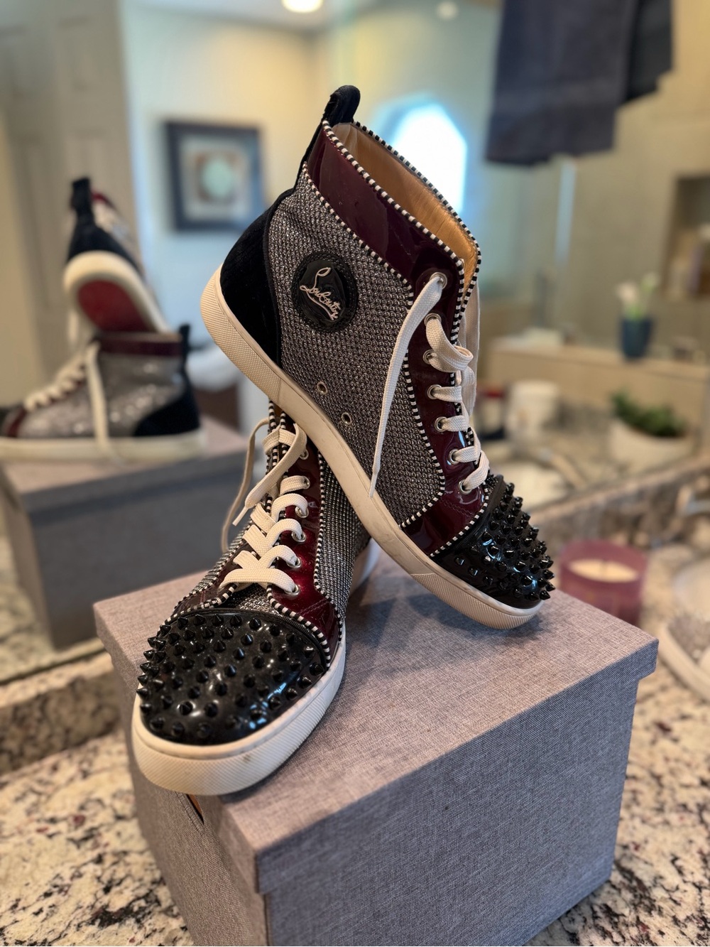 Christian Louboutin Black Patent & Burgundy Spiked High-Top Sneakers